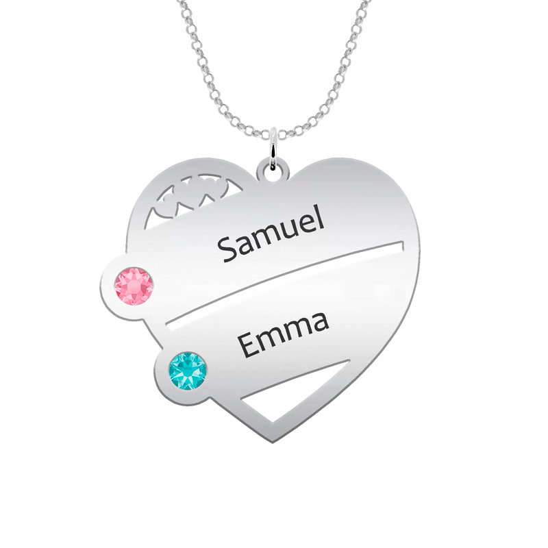 Collier cœur personnalisé argent 4 prénoms 4 pierres de naissance