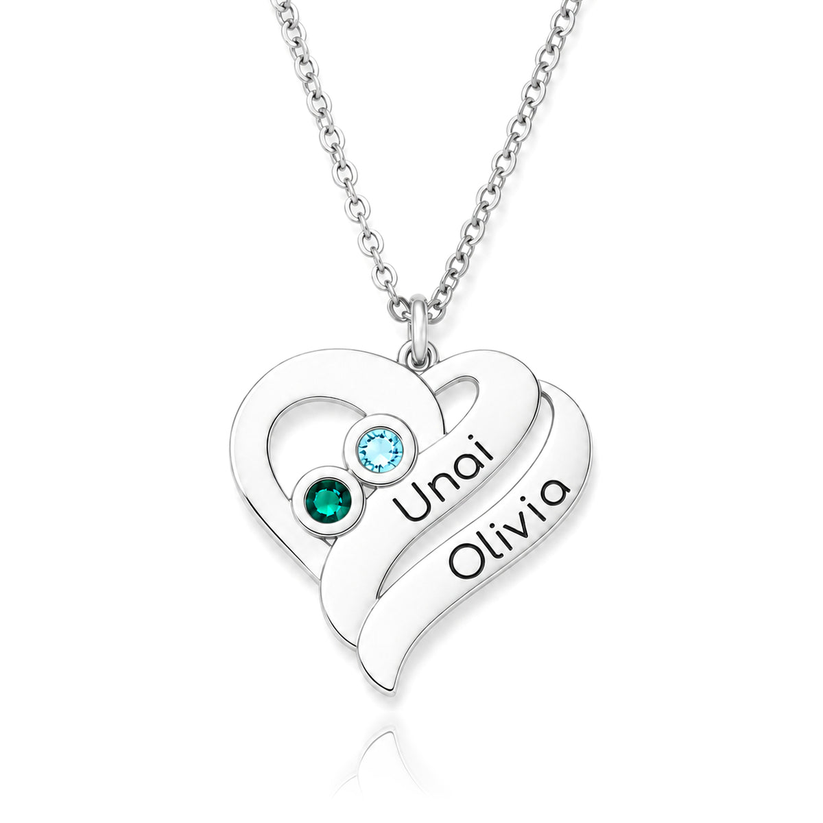 Collier Cœur, deux prénoms et pierres de naissance, cadeau de couple, argent 925