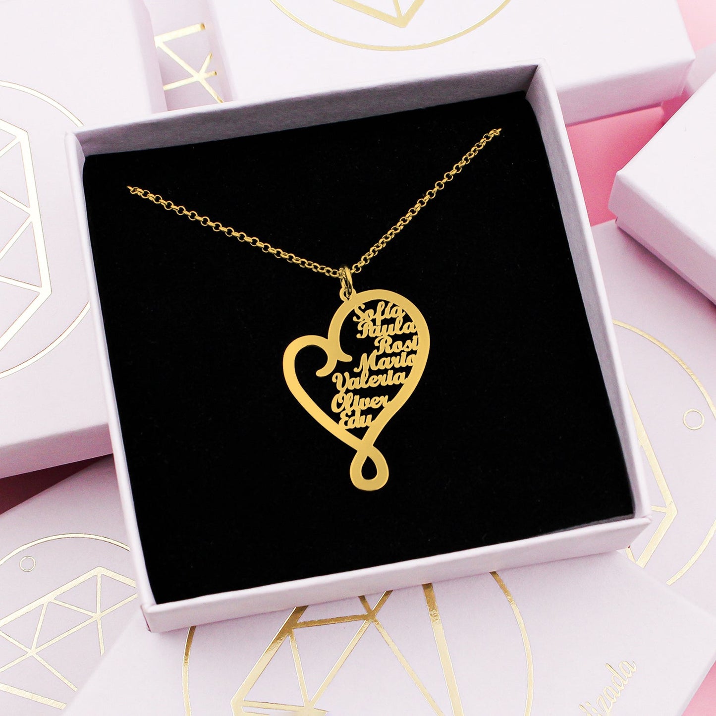 Collier cœur personnalisé en argent plaqué or avec prénoms