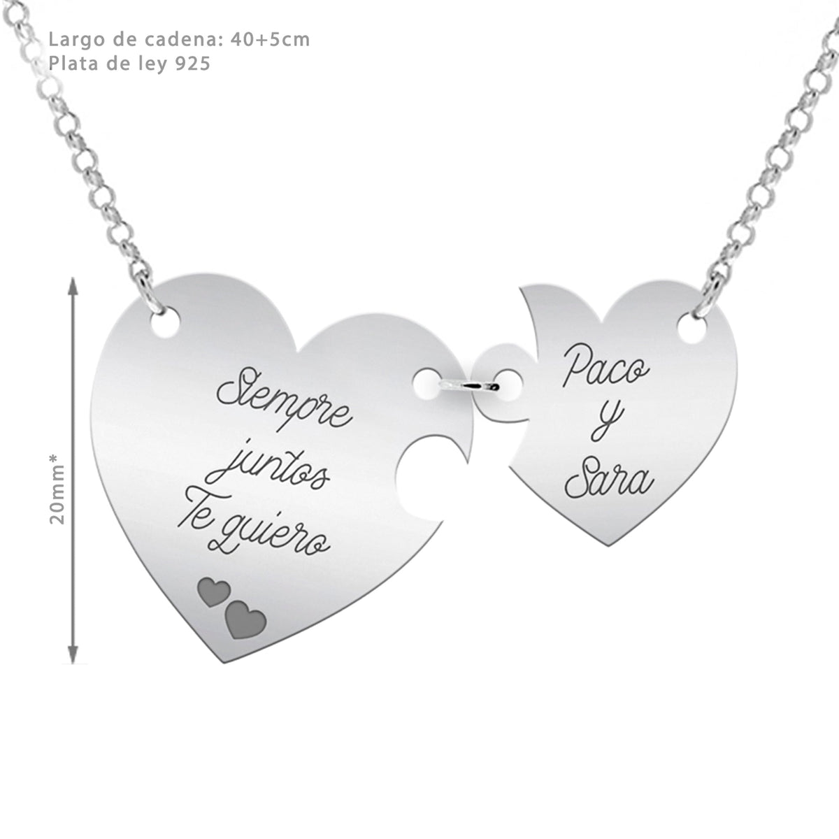 Collier Cœur Séparable, prénoms et message gravés, cadeau de couple, argent 925