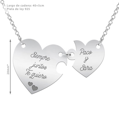 Collier Cœur Séparable, prénoms et message gravés, cadeau de couple, argent 925