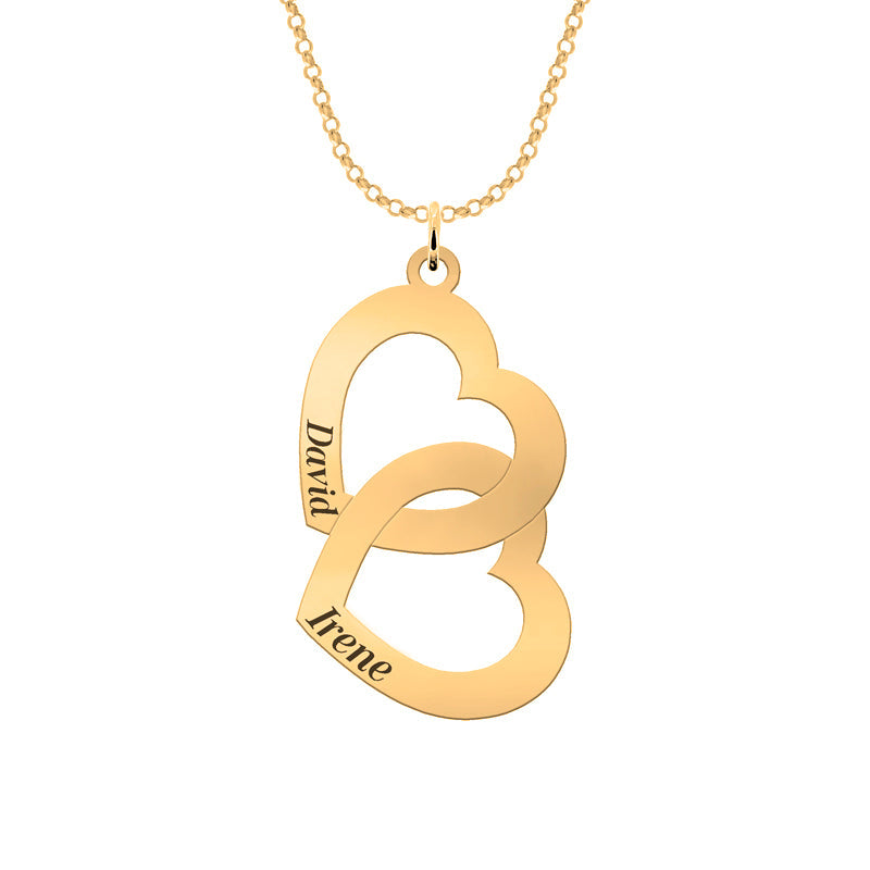 Collier double cœur en argent plaqué or, personnalisable
