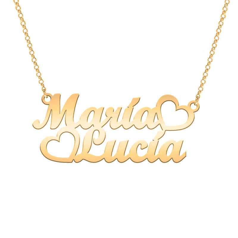 Collier double prénom en argent plaqué or avec cœurs