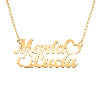 Collier double prénom en argent plaqué or avec cœurs