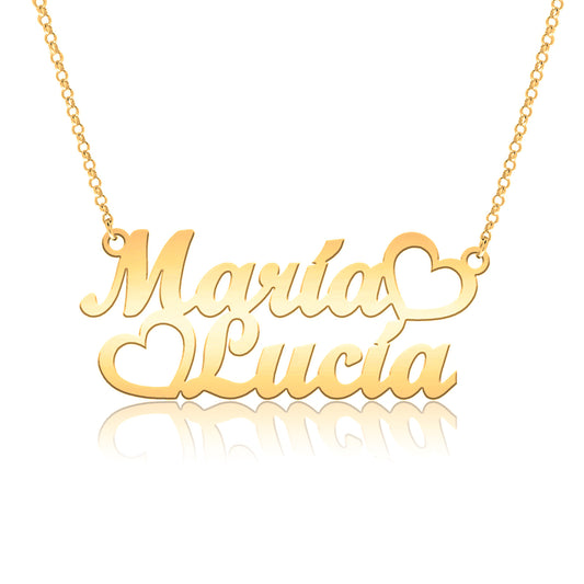 Collier double prénom en argent plaqué or avec cœurs