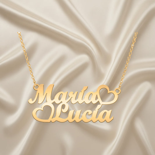Collier double prénom en argent plaqué or avec cœurs