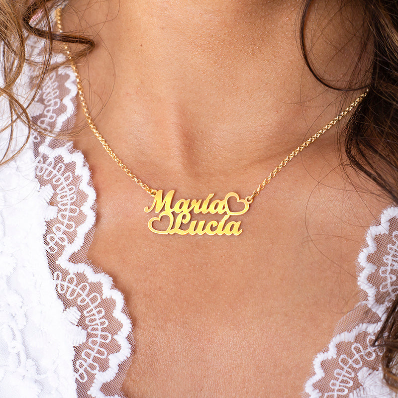 Collier double prénom en argent plaqué or avec cœurs