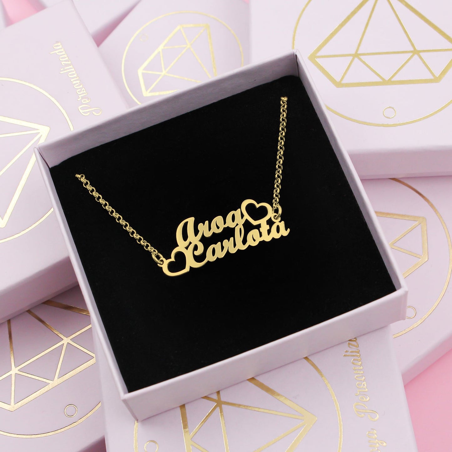 Collier double prénom en argent plaqué or avec cœurs