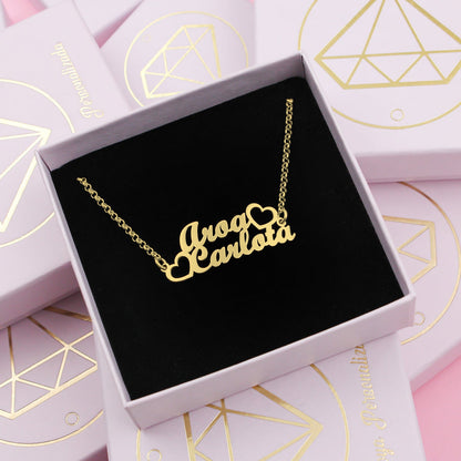 Collier double prénom en argent plaqué or avec cœurs