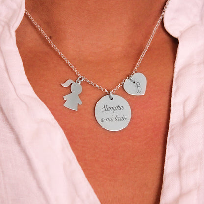 Collier en argent 925 personnalisable, pendentif enfant et cœur