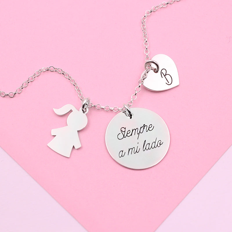 Collier en argent 925 personnalisable, pendentif enfant et cœur