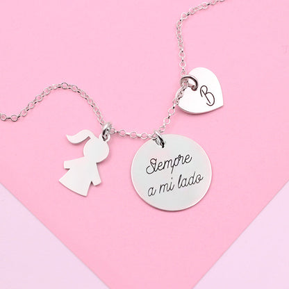 Collier en argent 925 personnalisable, pendentif enfant et cœur