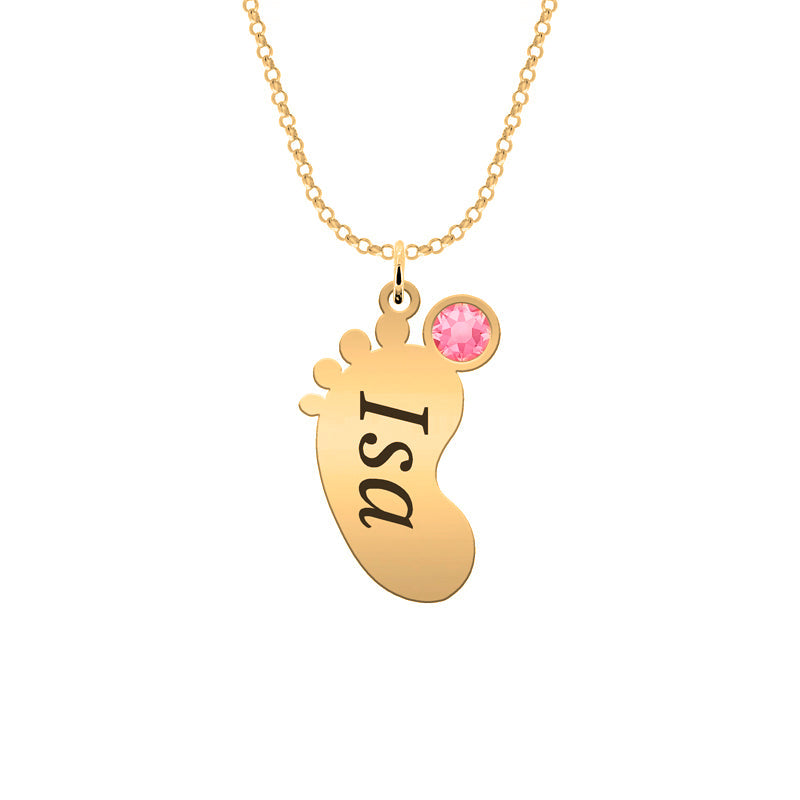 Collier en argent plaqué or, pendentif pied de bébé et pierre de
