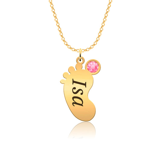 Collier en argent plaqué or, pendentif pied de bébé et pierre de