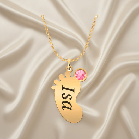 Collier en argent plaqué or, pendentif pied de bébé et pierre de