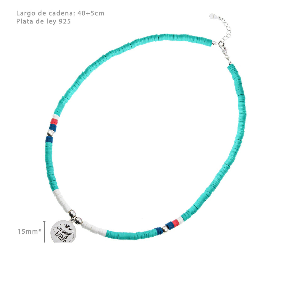 Collier Marbella, médaille gravée, perles colorées et argent 925