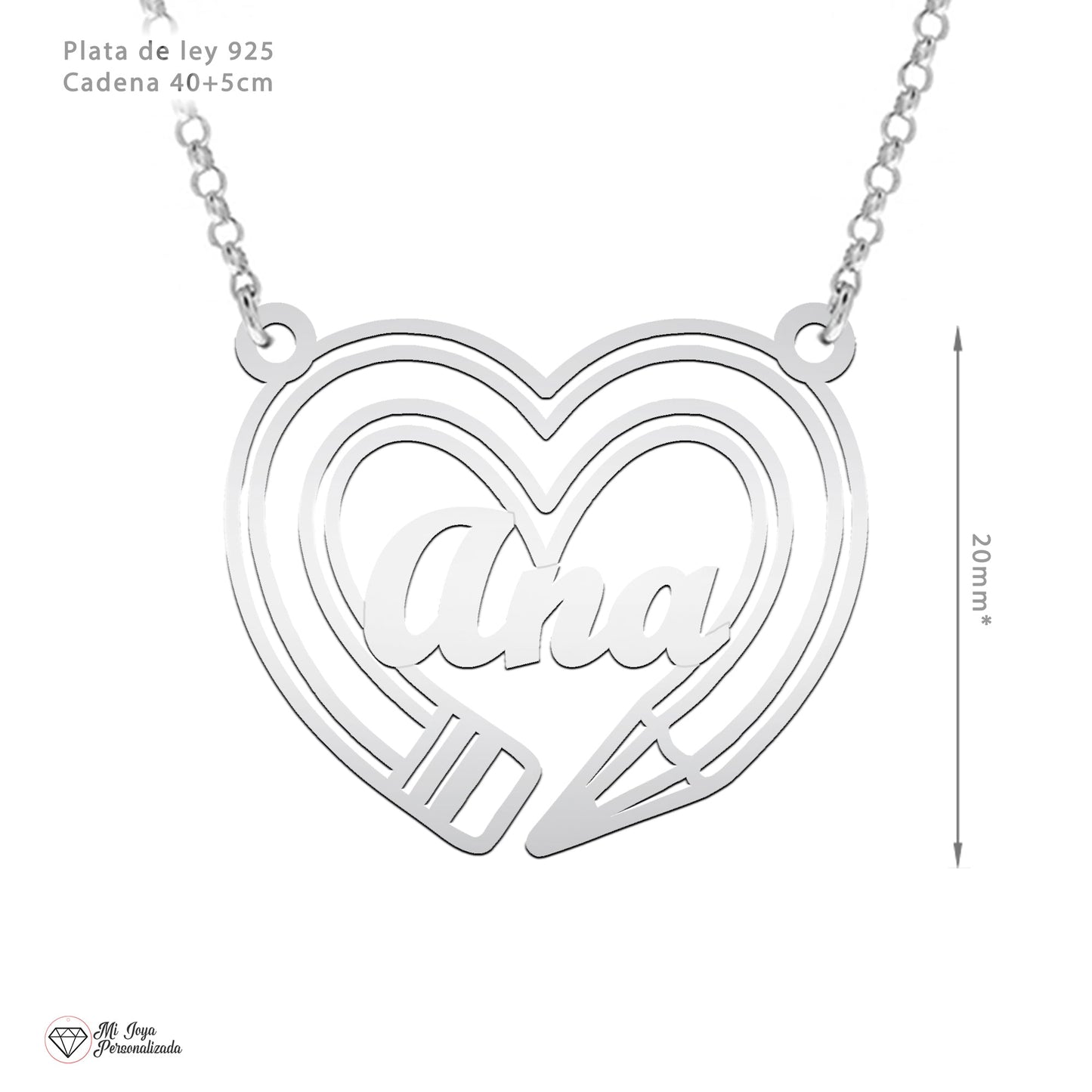 Collier pendentif cœur et crayon en argent 925 personnalisable