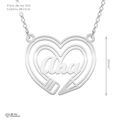 Collier pendentif cœur et crayon en argent 925 personnalisable