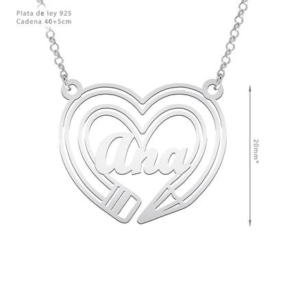 Collier Cœur et Crayon, cadeau pour une maîtresse, argent 925