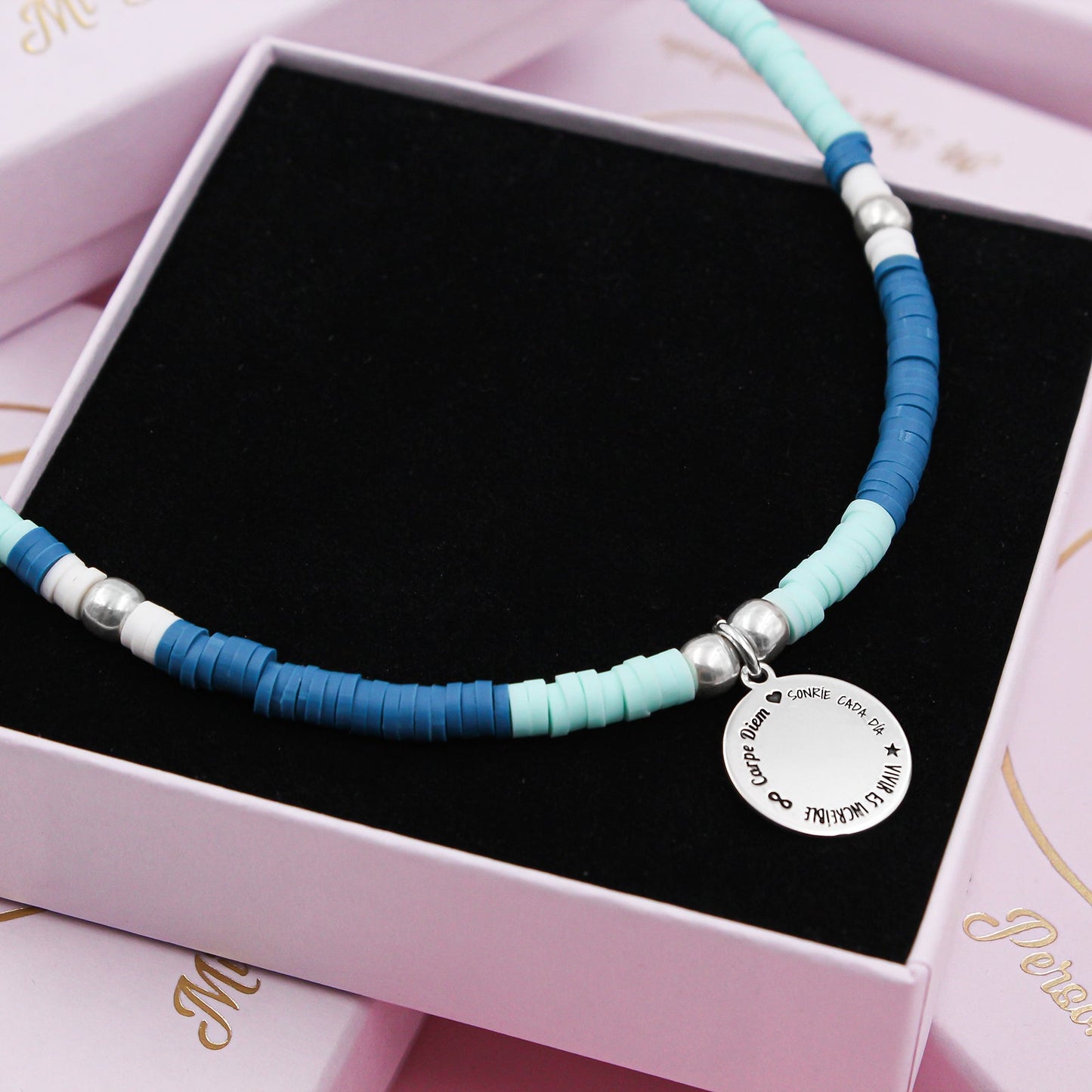 Collier personnalisable perles bleues et médaille argent 925