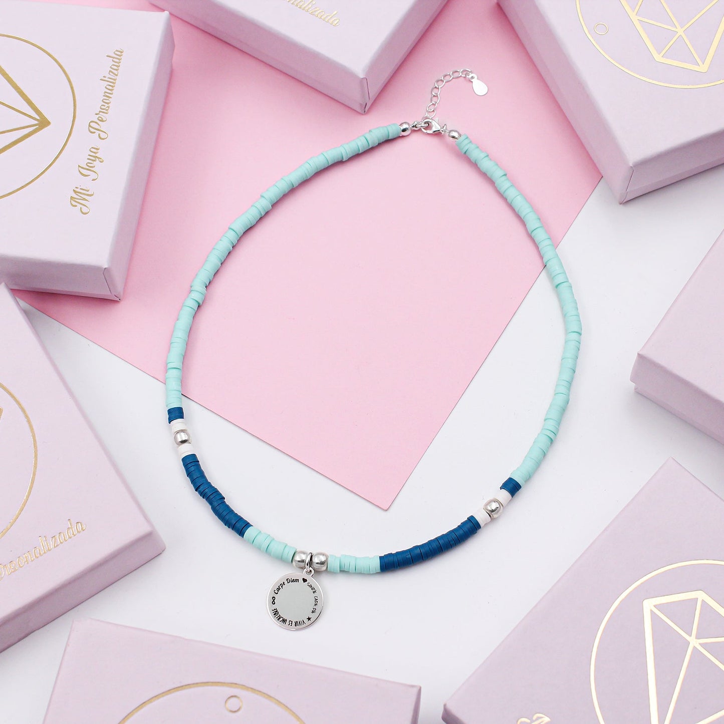 Collier personnalisable perles bleues et médaille argent 925