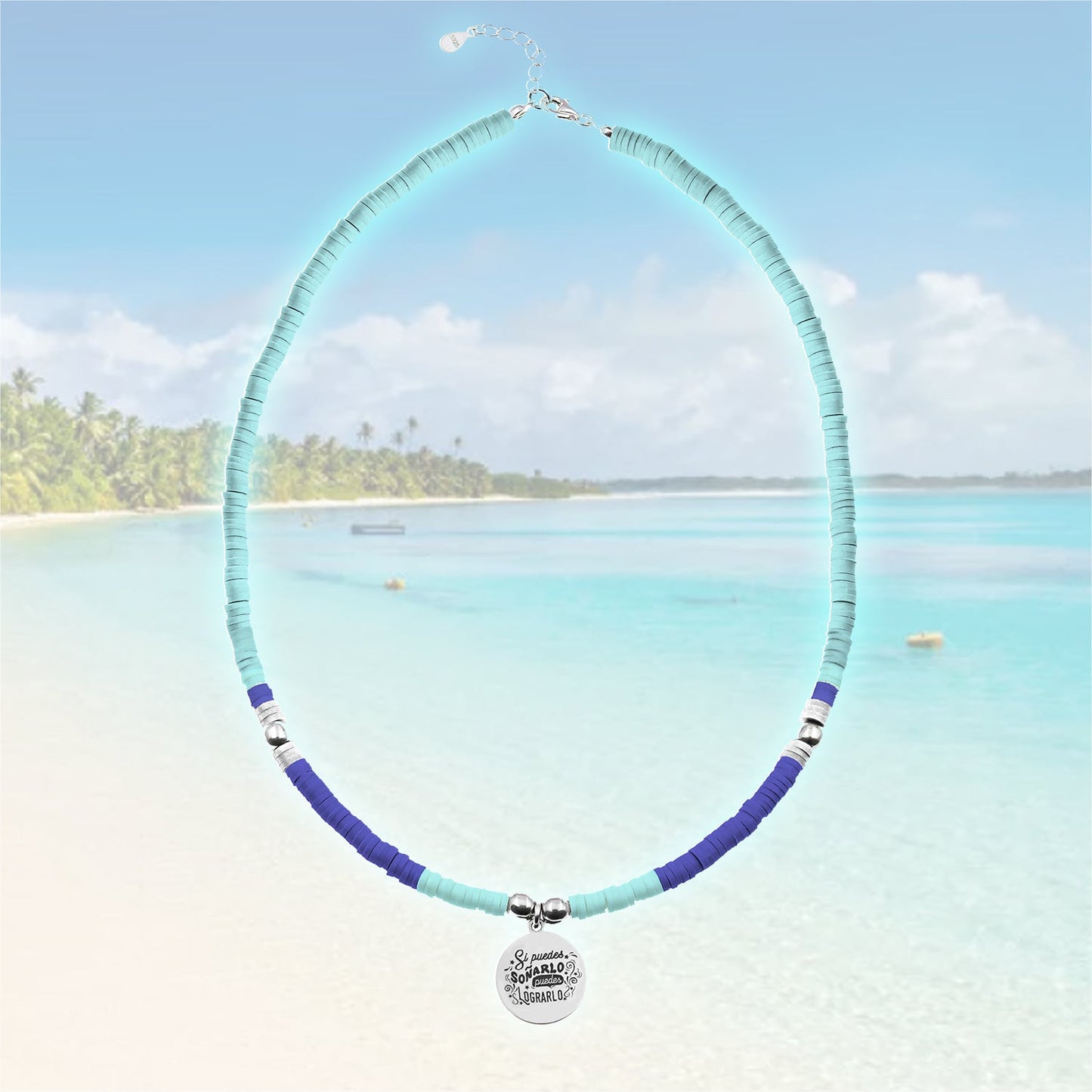 Collier personnalisable perles bleues et médaille argent 925