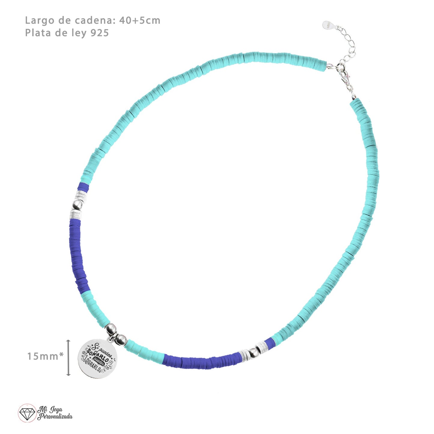 Collier personnalisable perles bleues et médaille argent 925