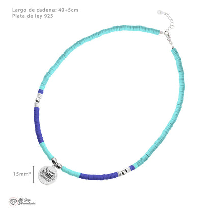 Collier personnalisable perles bleues et médaille argent 925