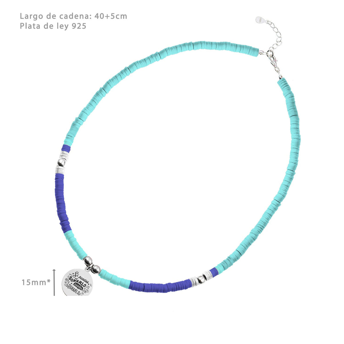 Collier Perles Bleues et Médaille Gravée, argent 925