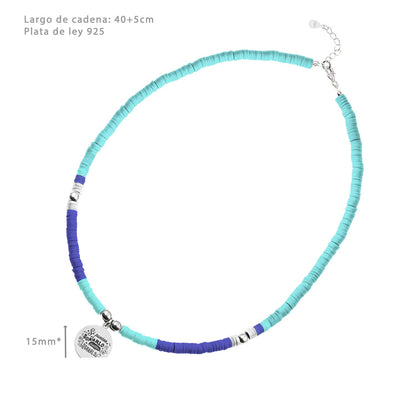 Collier Perles Bleues et Médaille Gravée, argent 925