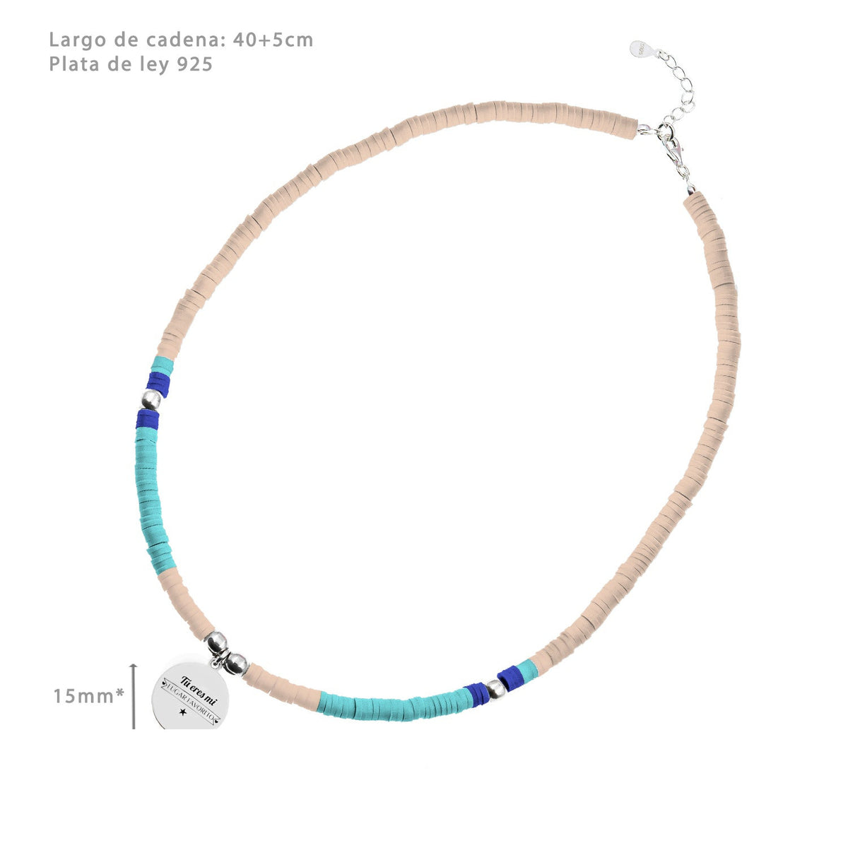 Collier Perles Saumon et Aigue-marine, médaille gravée, argent 925