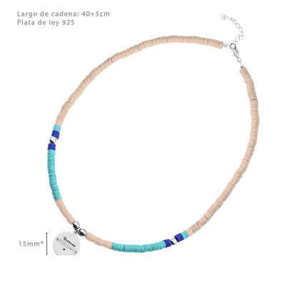 Collier Perles Saumon et Aigue-marine, médaille gravée, argent 925