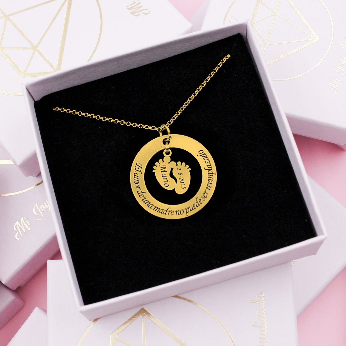 Collier personnalisé argent cercle message et 2 ou 4 pieds plaqués or