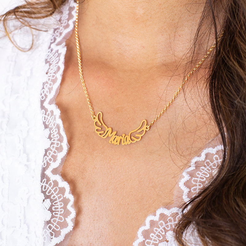 Collier prénom et ailes en argent plaqué or, personnalisable