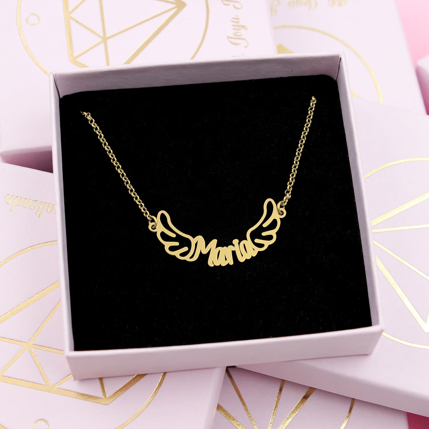 Collier prénom et ailes en argent plaqué or, personnalisable