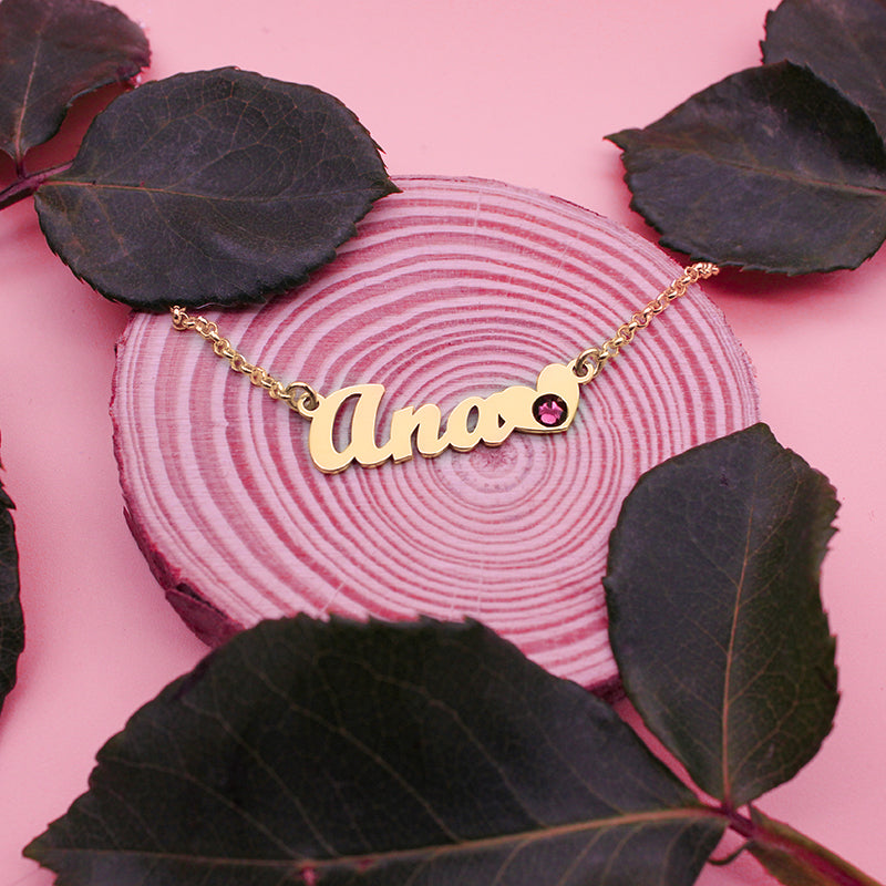 Collier prénom personnalisable argent plaqué or et pierre de naissance
