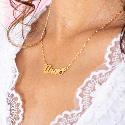 Collier prénom personnalisable argent plaqué or et pierre de naissance