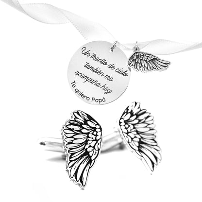Médaille Bouquet de Mariée & Boutons de Manchette Ailes en Argent