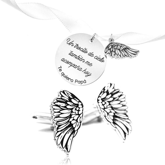 Médaille Bouquet de Mariée & Boutons de Manchette Ailes en Argent