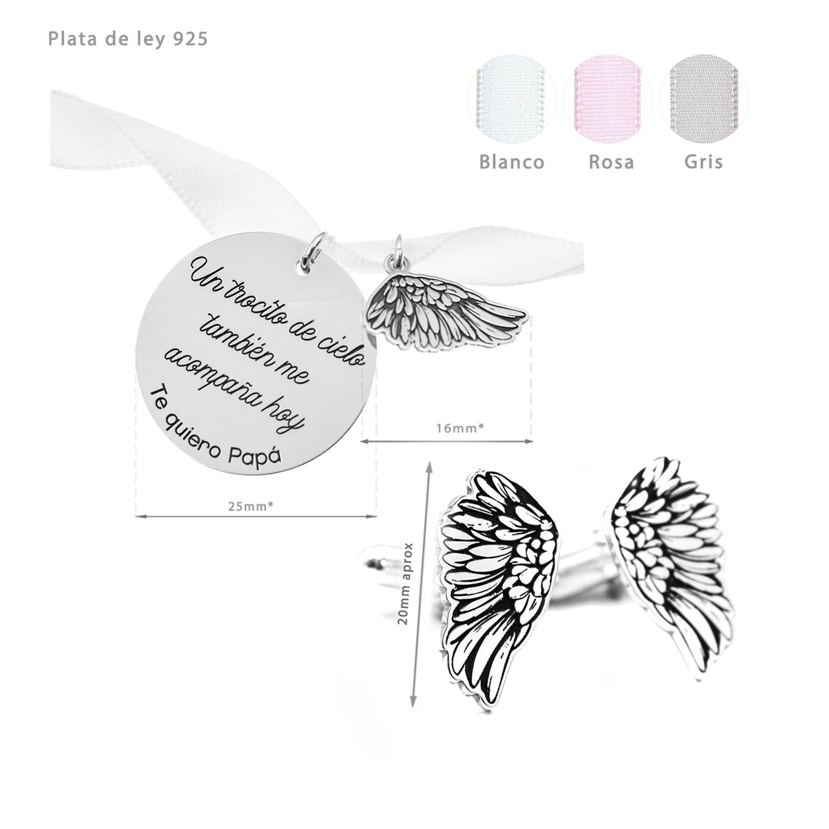 Coffret Mariage, médaille de bouquet et boutons de manchette gravés, argent 925
