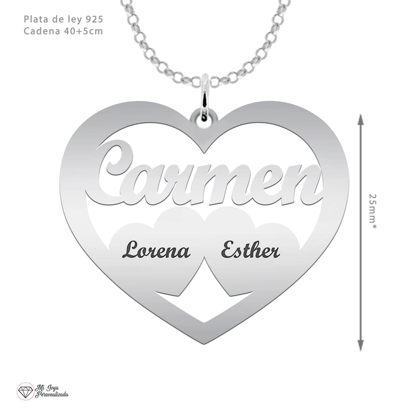 Pendentif cœur en argent 925 personnalisable avec prénoms