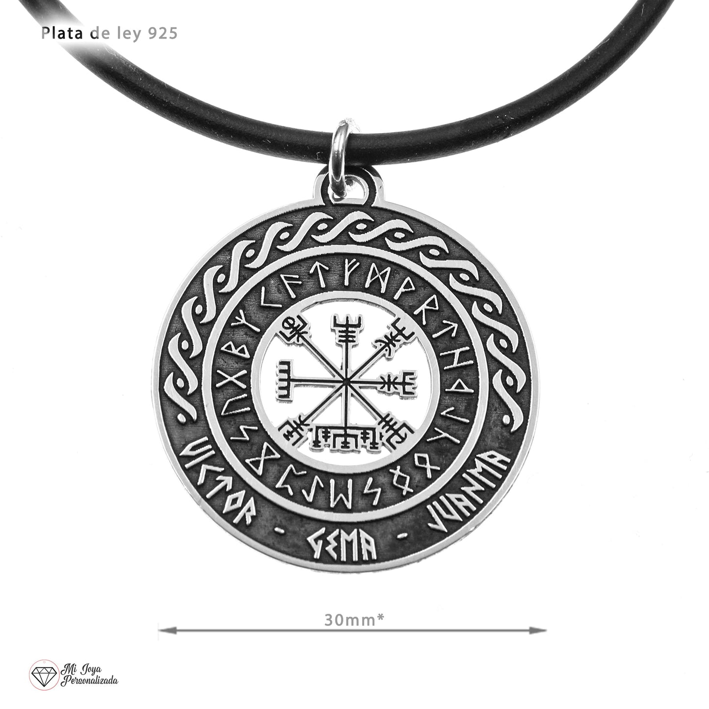 Pendentif Viking Vegvísir en Argent 925 Personnalisé avec Noms