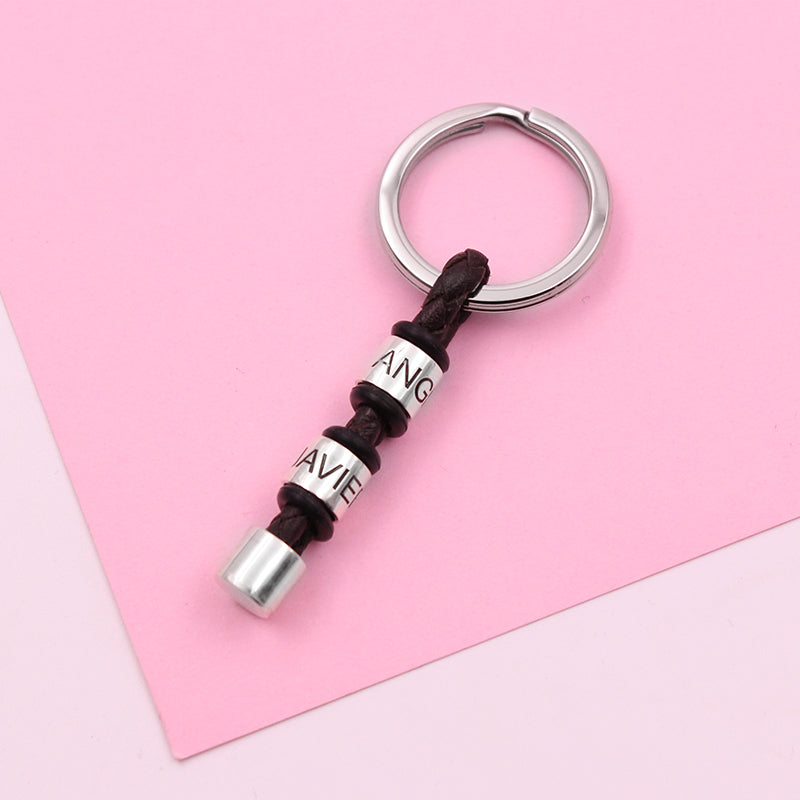 Porte-clés en argent massif et cuir avec anneaux personnalisés