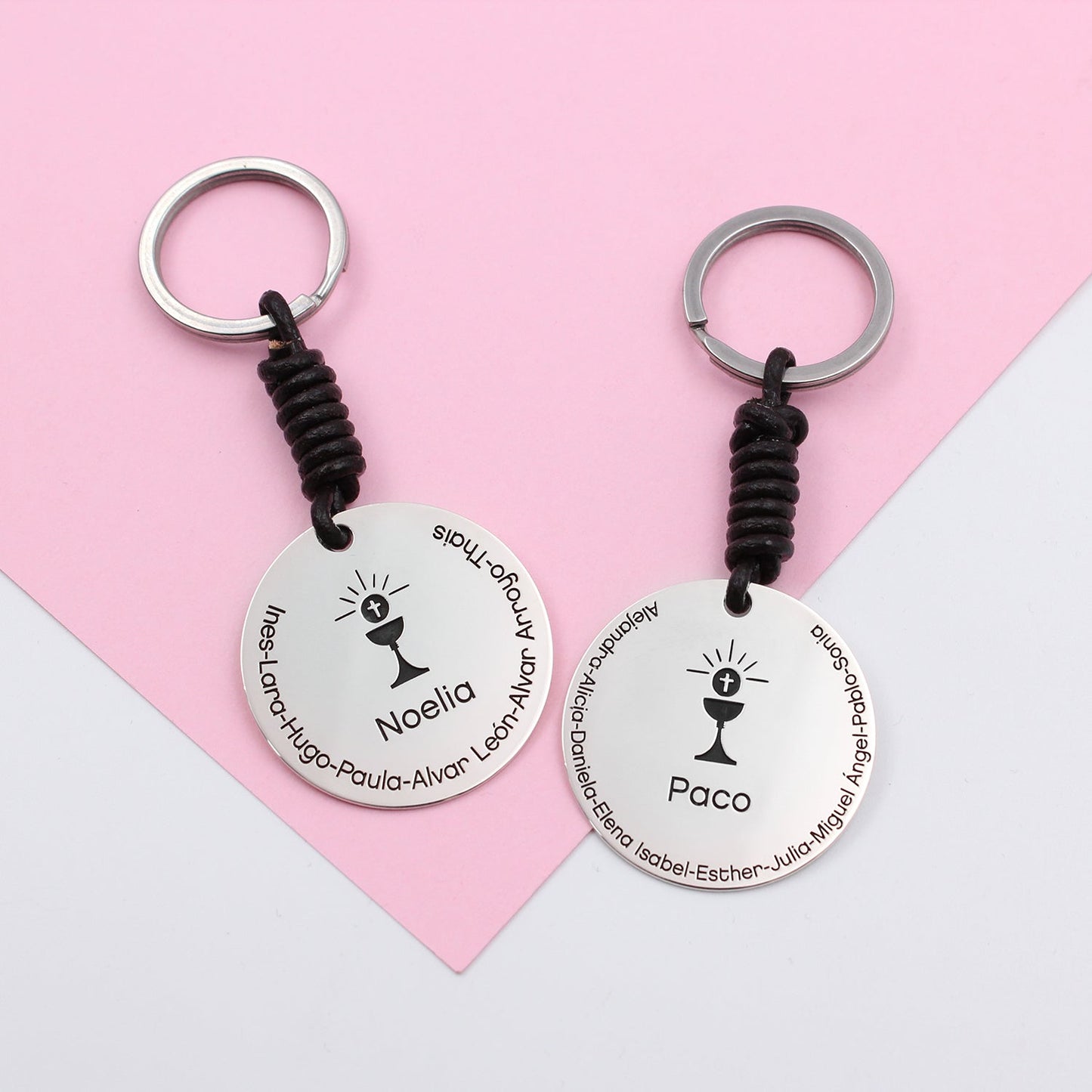 Porte-clés personnalisable argent 925 et cuir pour catéchiste